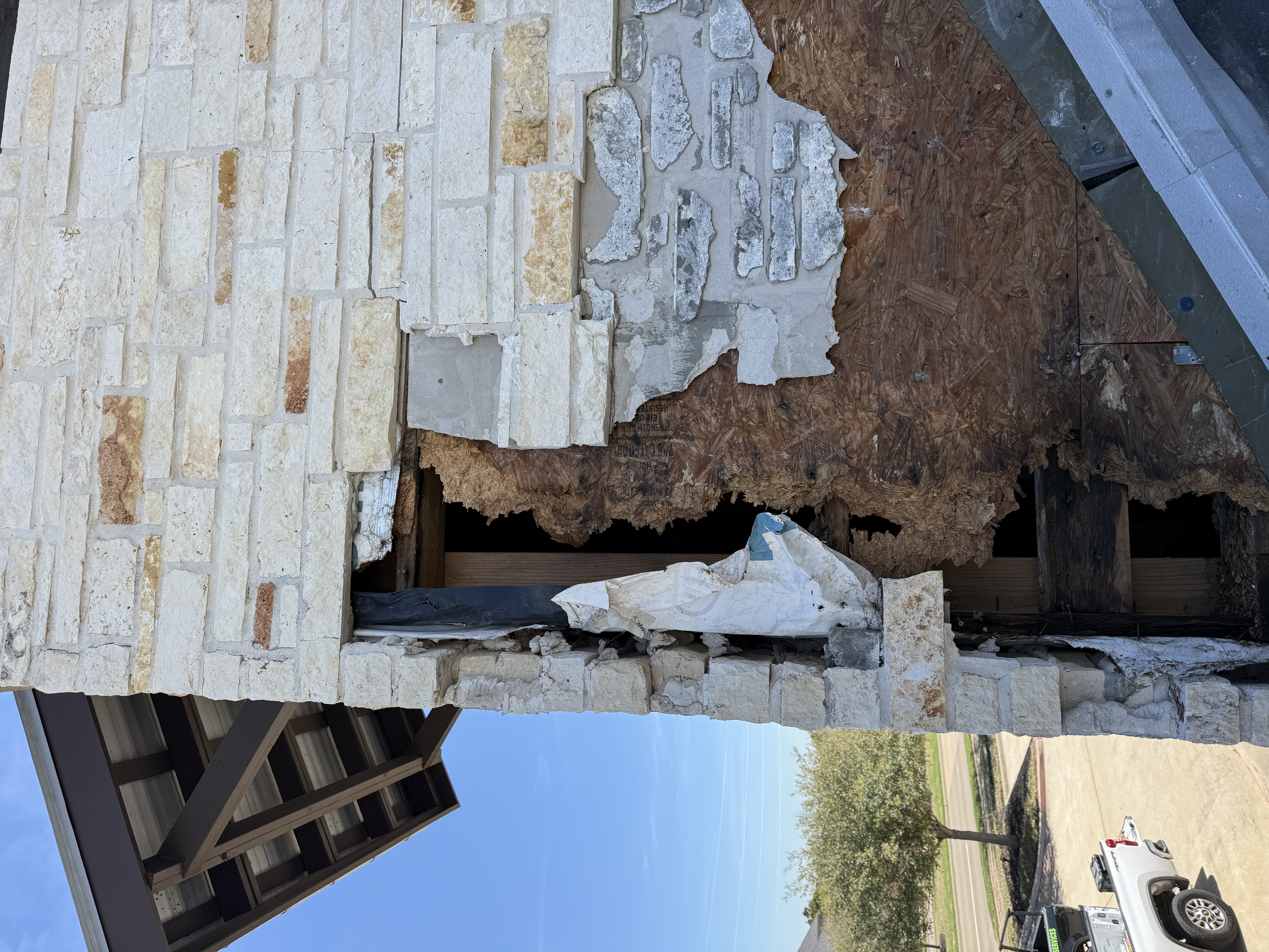 Visible decay and damage at the Young Ranch clubhouse tower wall area